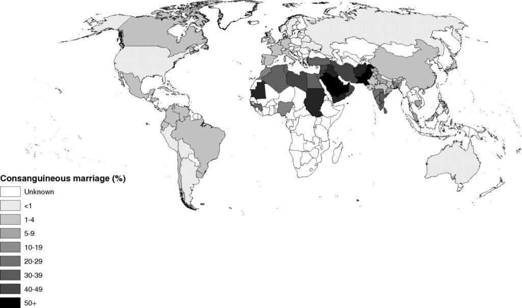 Global heat map of consanguinity rates by country, with darker shading indicating higher prevalence in South Asia, the Middle East, and parts of sub-Saharan Africa, adapted from Bittles & Black (2010). Blog for Mirror Gene , Genetic Counseling service hyderabad.