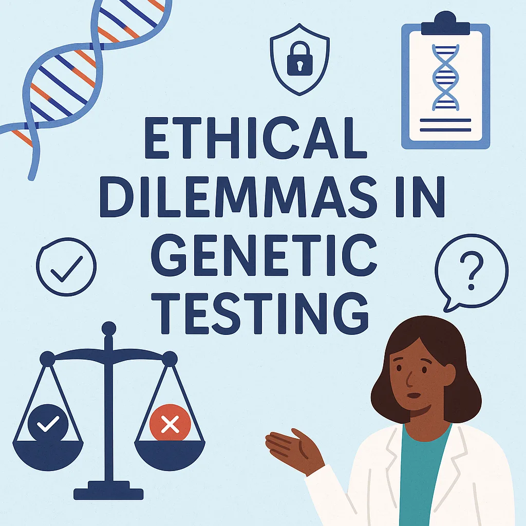 Flat-style digital illustration titled "Ethical Dilemmas in Genetic Testing," featuring a DNA helix, a clipboard with a genetic diagram, a padlock icon for data privacy, a scale representing decision-making, and a genetic counselor explaining concepts. The design uses soft blue and purple tones to convey trust and clarity.