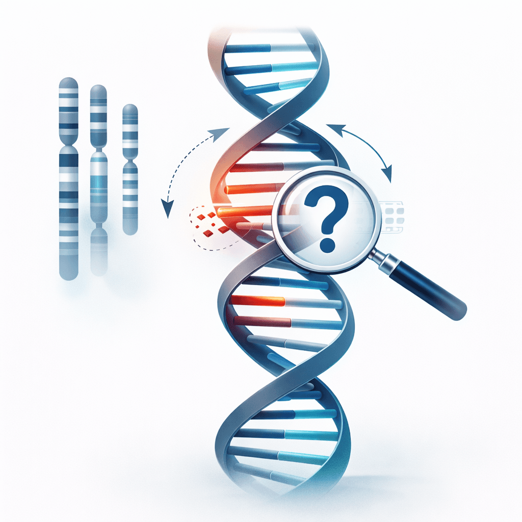 Scientific illustration showing a DNA strand with a highlighted mutation under a magnifying glass and question mark, symbolizing a Variant of Uncertain Significance (VUS) result in genetic testing and genomic analysis.