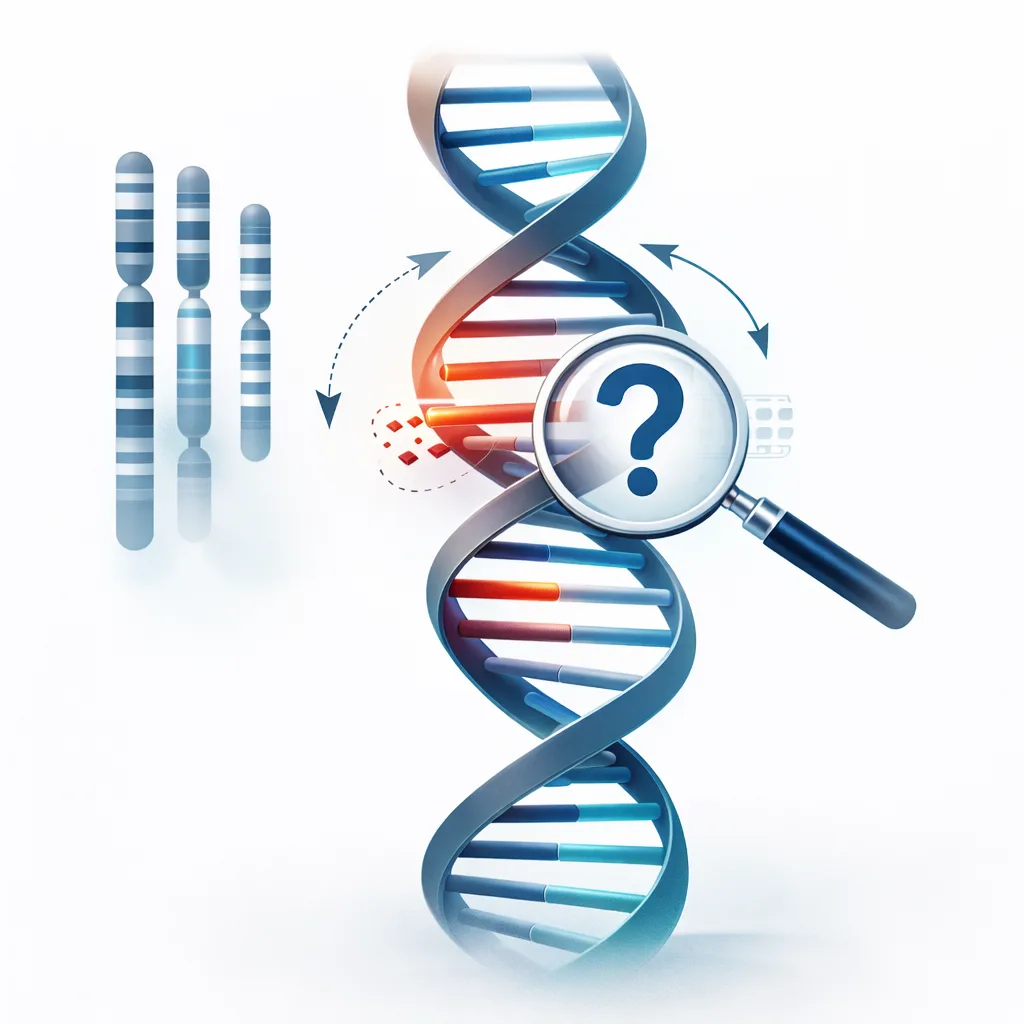Scientific illustration showing a DNA strand with a highlighted mutation under a magnifying glass and question mark, symbolizing a Variant of Uncertain Significance (VUS) result in genetic testing and genomic analysis.